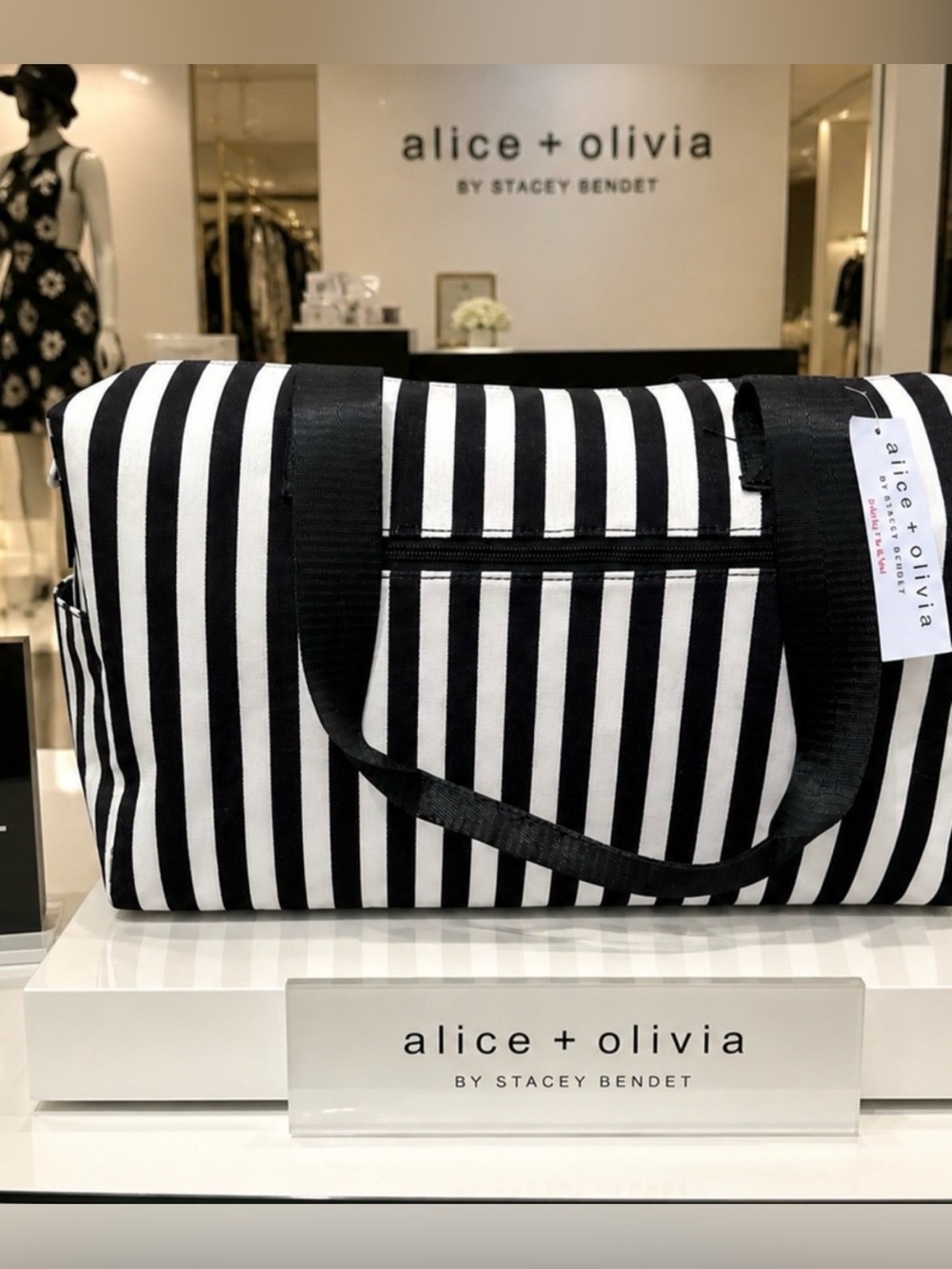 Alice + Olivia Black and White Striped Postino weekend Travel bag